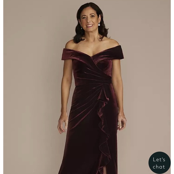 David’s Bridal OLEG CASSINI Velvet Off-the-Shoulder Sheath with Ruffle - Picture 1 of 9